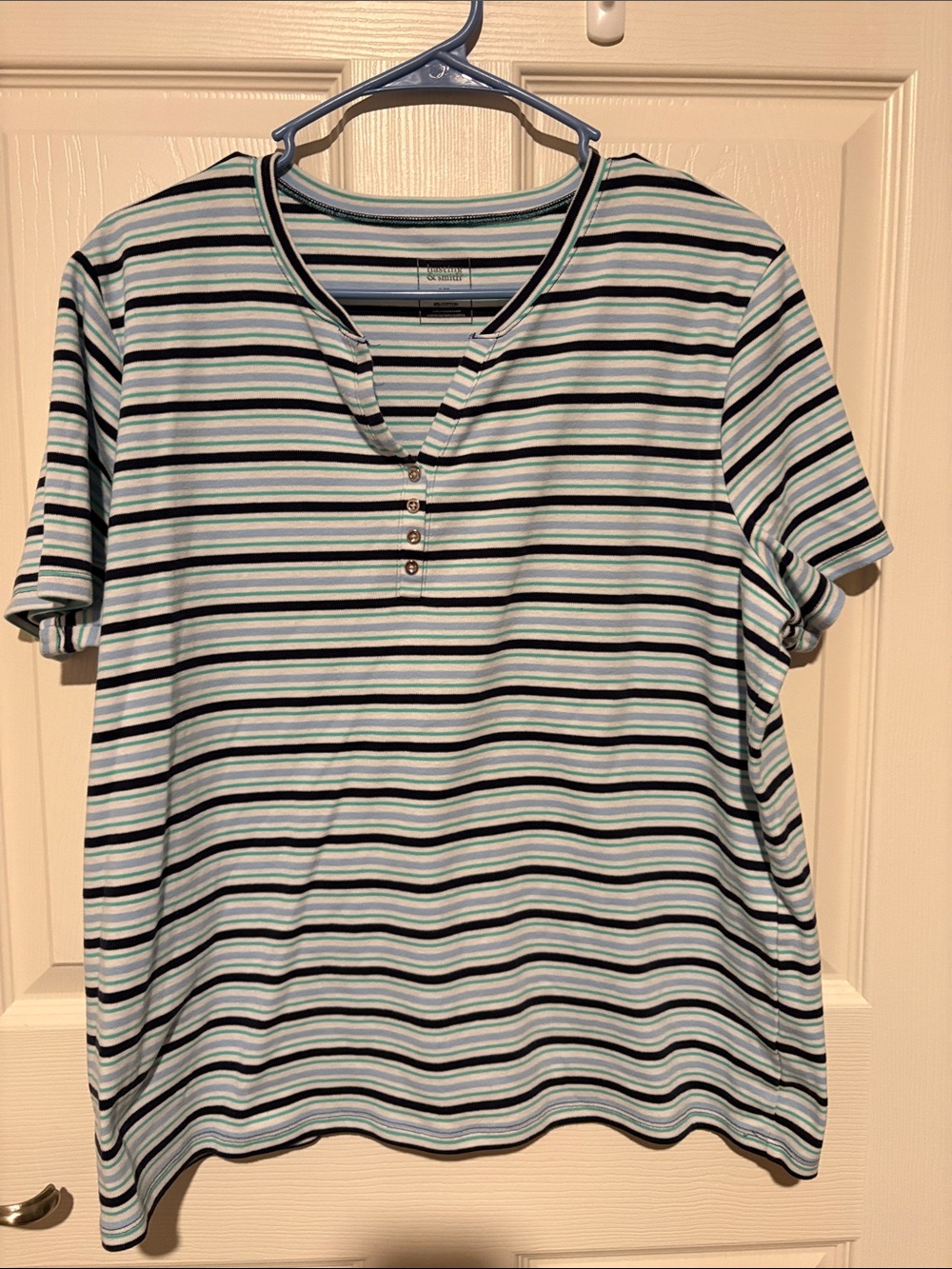 Striped Short Sleeve Henley Tee - Light Blue & Navy